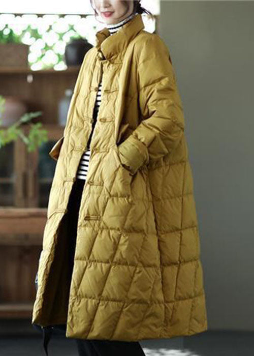 Yellow Stand Collar Oriental Button Duck Down Puffer Coat Winter