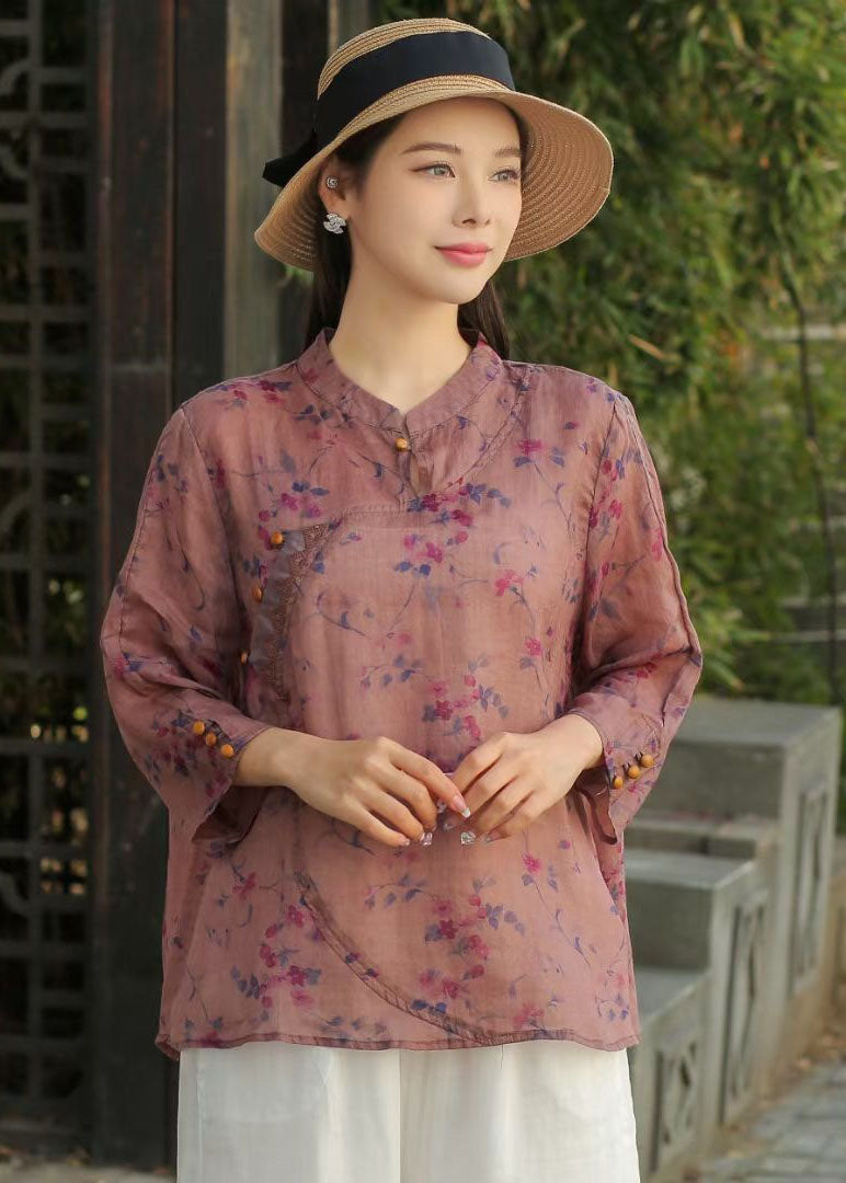 Yellow Stand Collar Print Patchwork Linen Blouse Top Spring