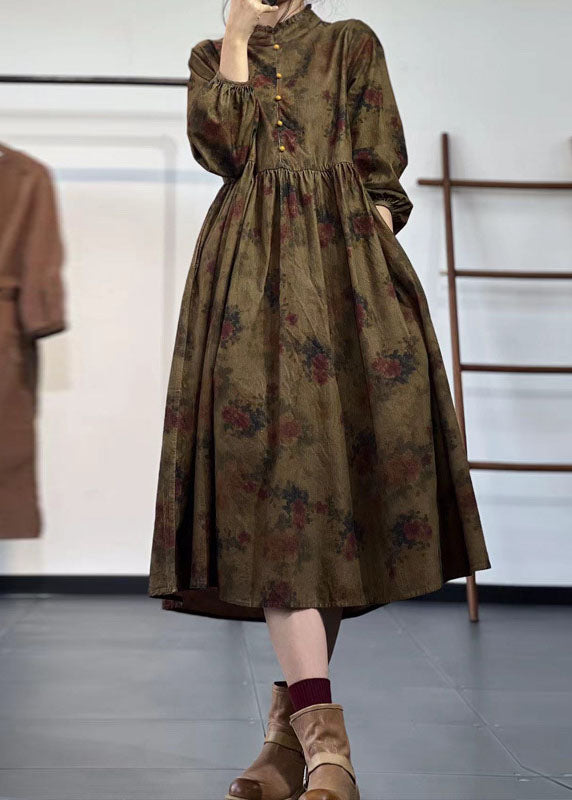 Yellow Stand Collar Ruffled Print Corduroy Dress Winter