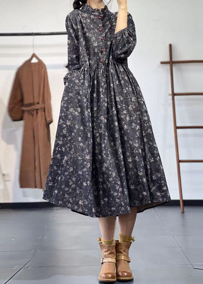 Yellow Stand Collar Ruffled Print Corduroy Dress Winter