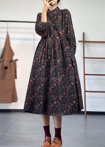 Yellow Stand Collar Ruffled Print Corduroy Dress Winter