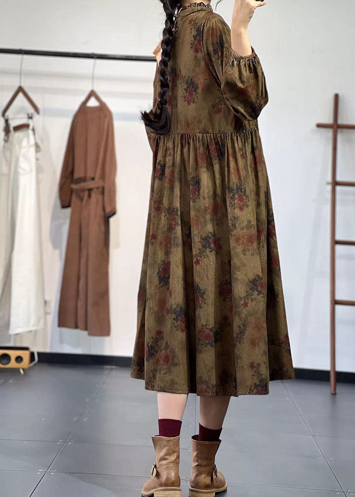 Yellow Stand Collar Ruffled Print Corduroy Dress Winter