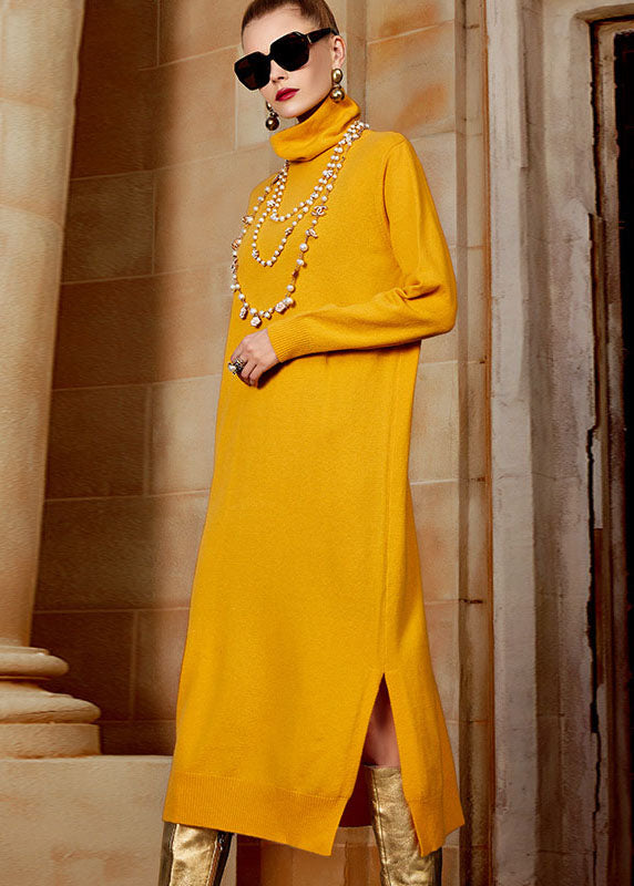Yellow Turtleneck Side Open Wool Knit Sweater Long Dresses Long Sleeve