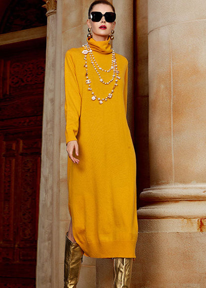 Yellow Turtleneck Side Open Wool Knit Sweater Long Dresses Long Sleeve