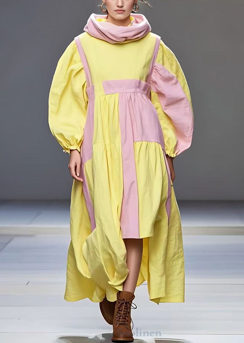 Yellow Turtleneck Wrinkled Patchwork Cotton Dress Fall