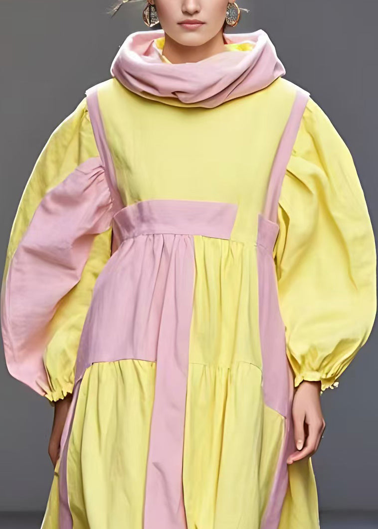 Yellow Turtleneck Wrinkled Patchwork Cotton Dress Fall