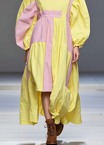 Yellow Turtleneck Wrinkled Patchwork Cotton Dress Fall