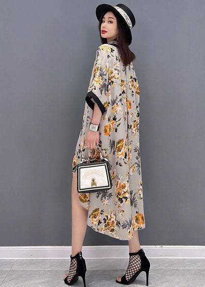 Yellow V Neck Asymmetrical Print Chiffon Beach Dress Batwing Sleeve