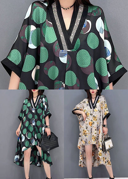 Yellow V Neck Asymmetrical Print Chiffon Beach Dress Batwing Sleeve