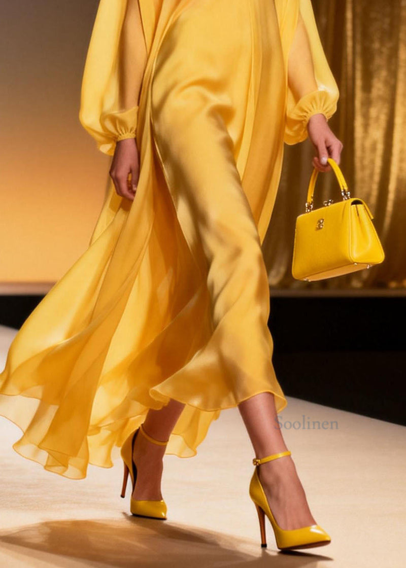 Yellow V Neck Chiffon Long Dresses Spring