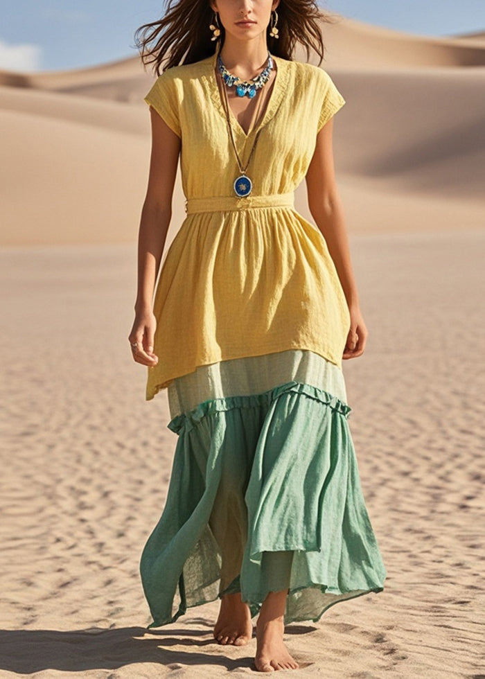 Yellow V Neck Patchwork Cotton Vacation Dresses Summer