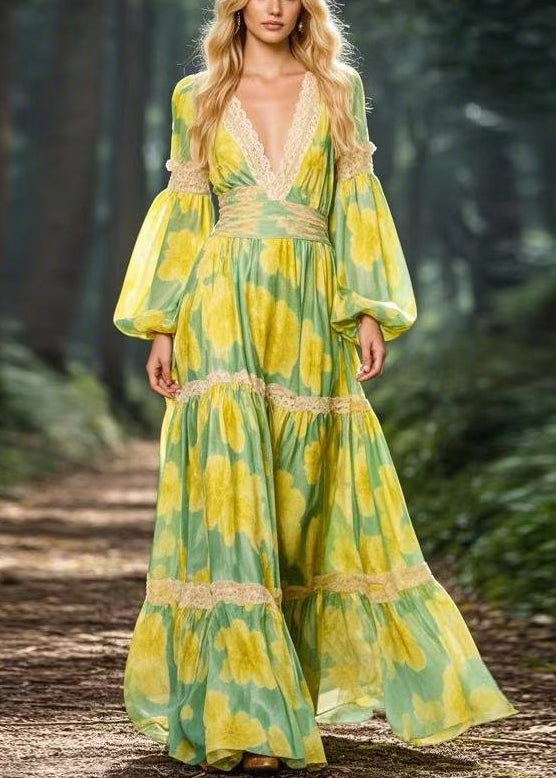 Yellow V Neck Print Patchwork Chiffon Maxi Dress Spring