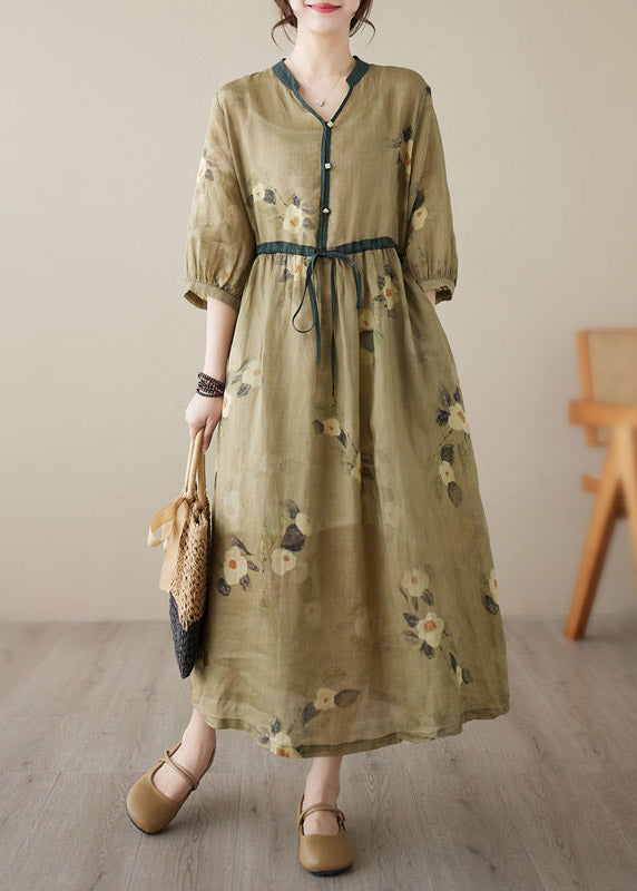 Yellow V Neck Print Wrinkled Tie Waist Linen Long Dresses Summer