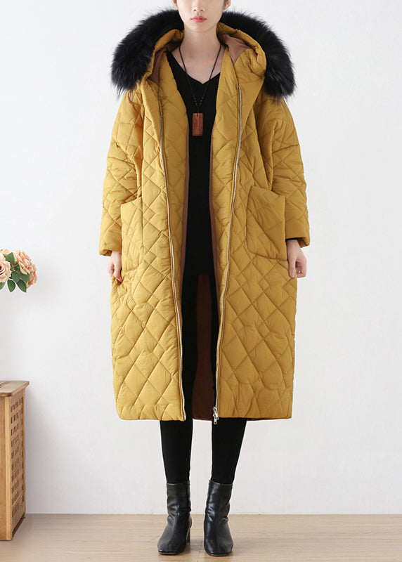 Yellow Zippered Warm Hooded Long Parka Winter