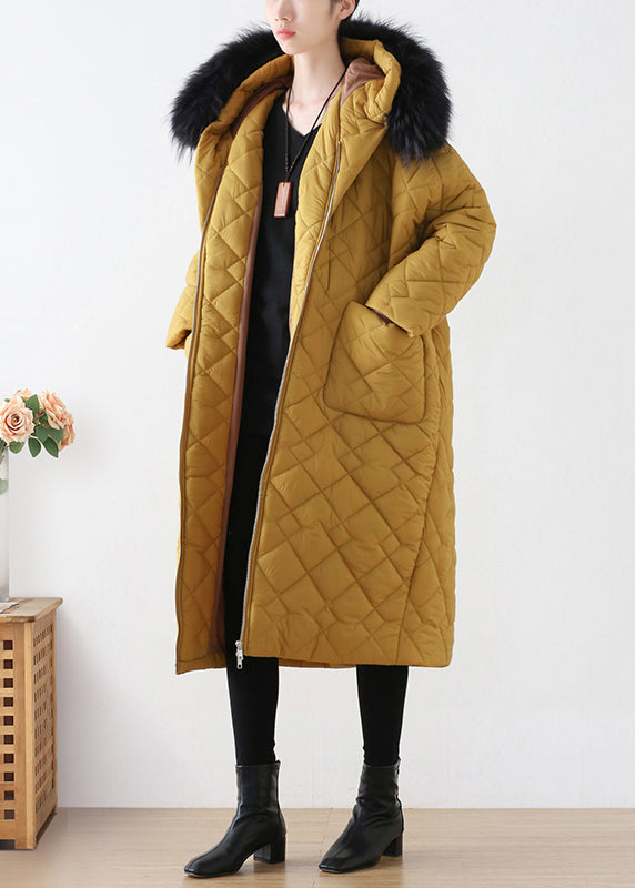 Yellow Zippered Warm Hooded Long Parka Winter