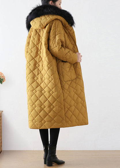 Yellow Zippered Warm Hooded Long Parka Winter