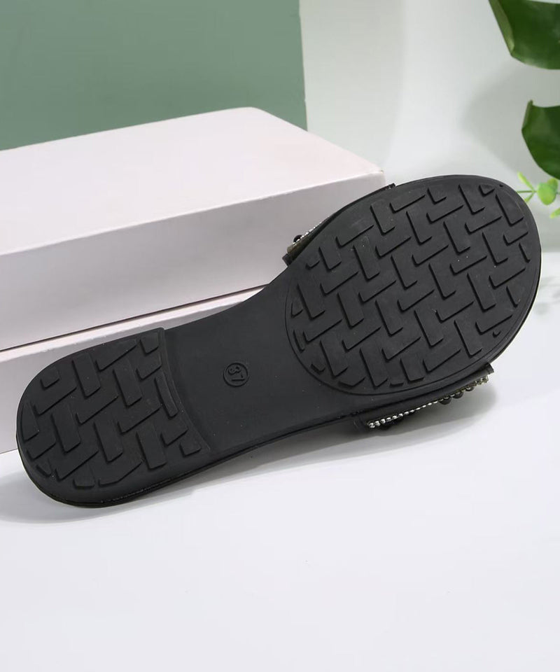 Zircon Splicing Black Faux Leather Slide Sandals