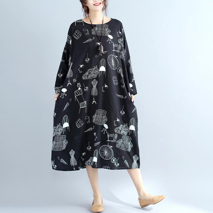 Baggy Cotton Quilting Dresses Sewing Black Print Robe Dresses