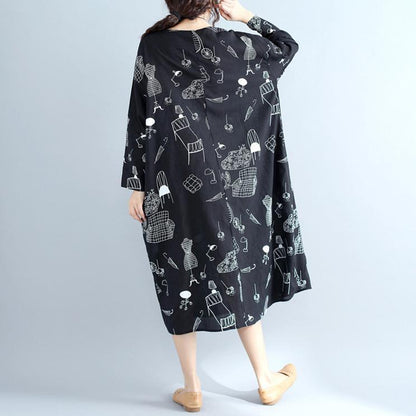 Baggy Cotton Quilting Dresses Sewing Black Print Robe Dresses