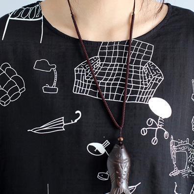 Baggy Cotton Quilting Dresses Sewing Black Print Robe Dresses