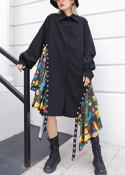 Black Cotton Dress Side Patchwork Fall Shirt Dress
