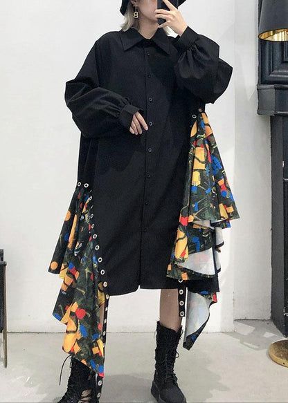 Black Cotton Dress Side Patchwork Fall Shirt Dress