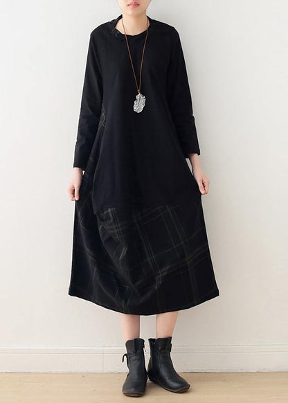 Black Cotton Quilting Dresses O Neck Patchwork Maxi Dress