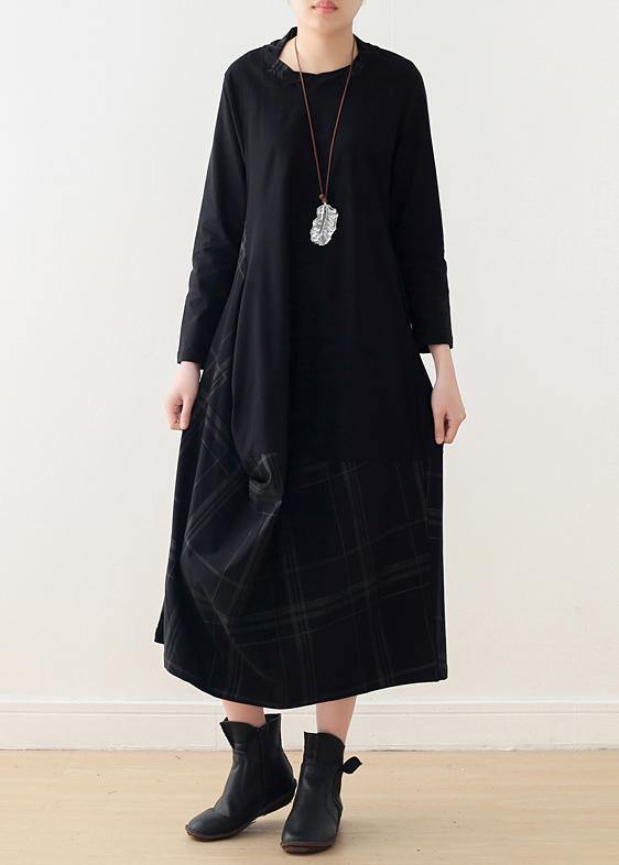 Black Cotton Quilting Dresses O Neck Patchwork Maxi Dress