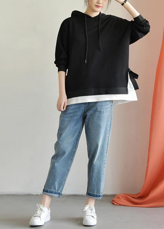 Black Cotton Shirts Hooded Drawstring Clothing Fall Top