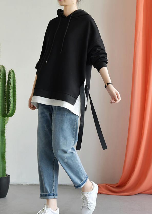 Black Cotton Shirts Hooded Drawstring Clothing Fall Top
