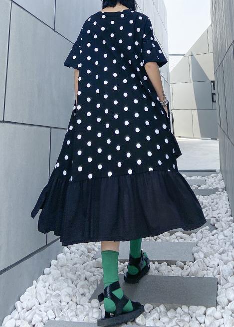 Black Dotted Cotton Tunics for O Neck Ruffles Dress