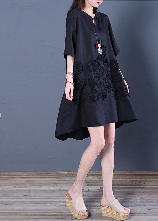 Black Linen Dress V Neck Low High Design Cotton Summer Dress