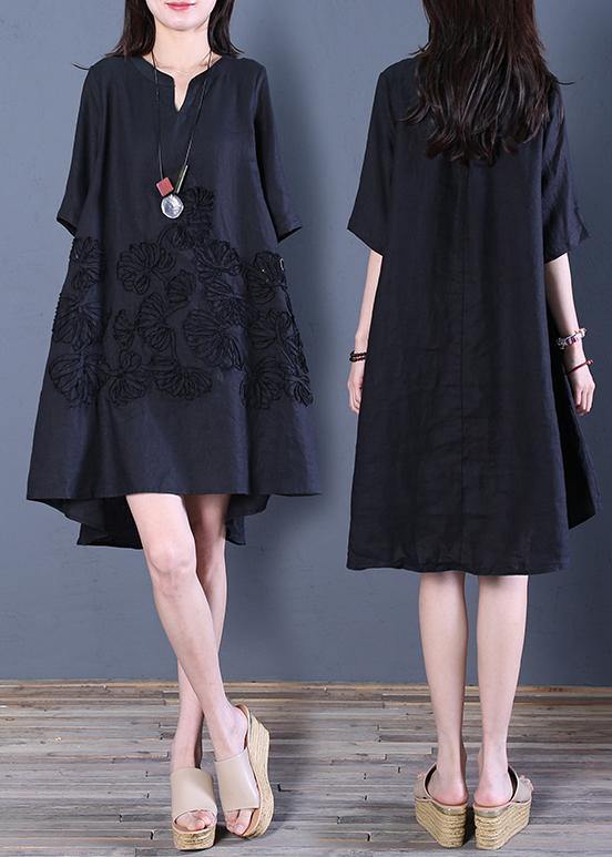Black Linen Dress V Neck Low High Design Cotton Summer Dress