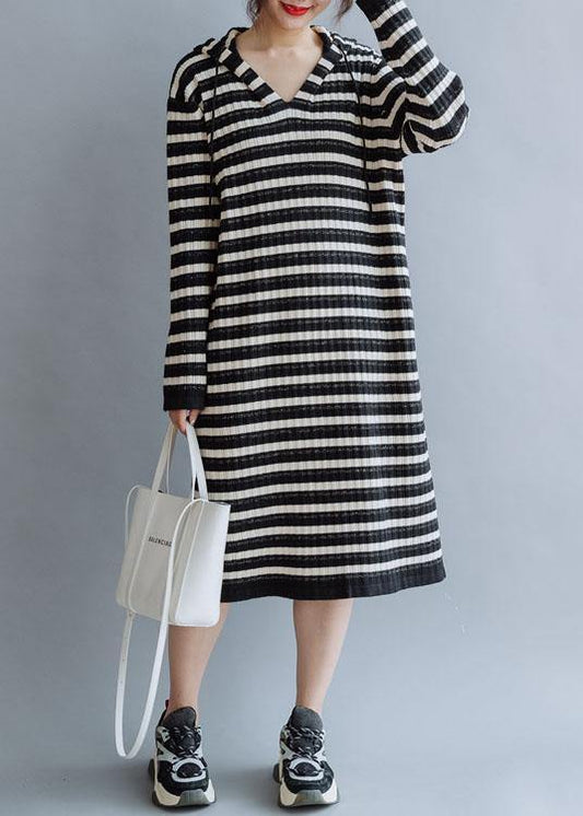 Black Striped Cotton Quilting Dresses Hooded Kaftan Fall Dress