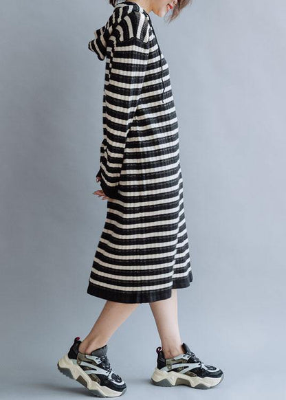 Black Striped Cotton Quilting Dresses Hooded Kaftan Fall Dress