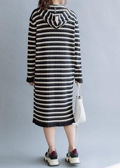 Black Striped Cotton Quilting Dresses Hooded Kaftan Fall Dress