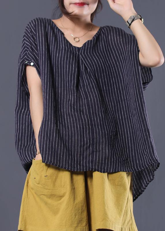 Blue Striped Linen Clothes for V Neck Baggy Summer Top