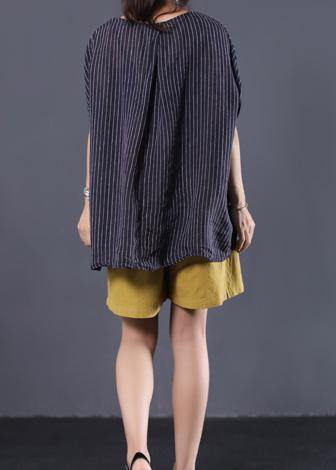 Blue Striped Linen Clothes for V Neck Baggy Summer Top