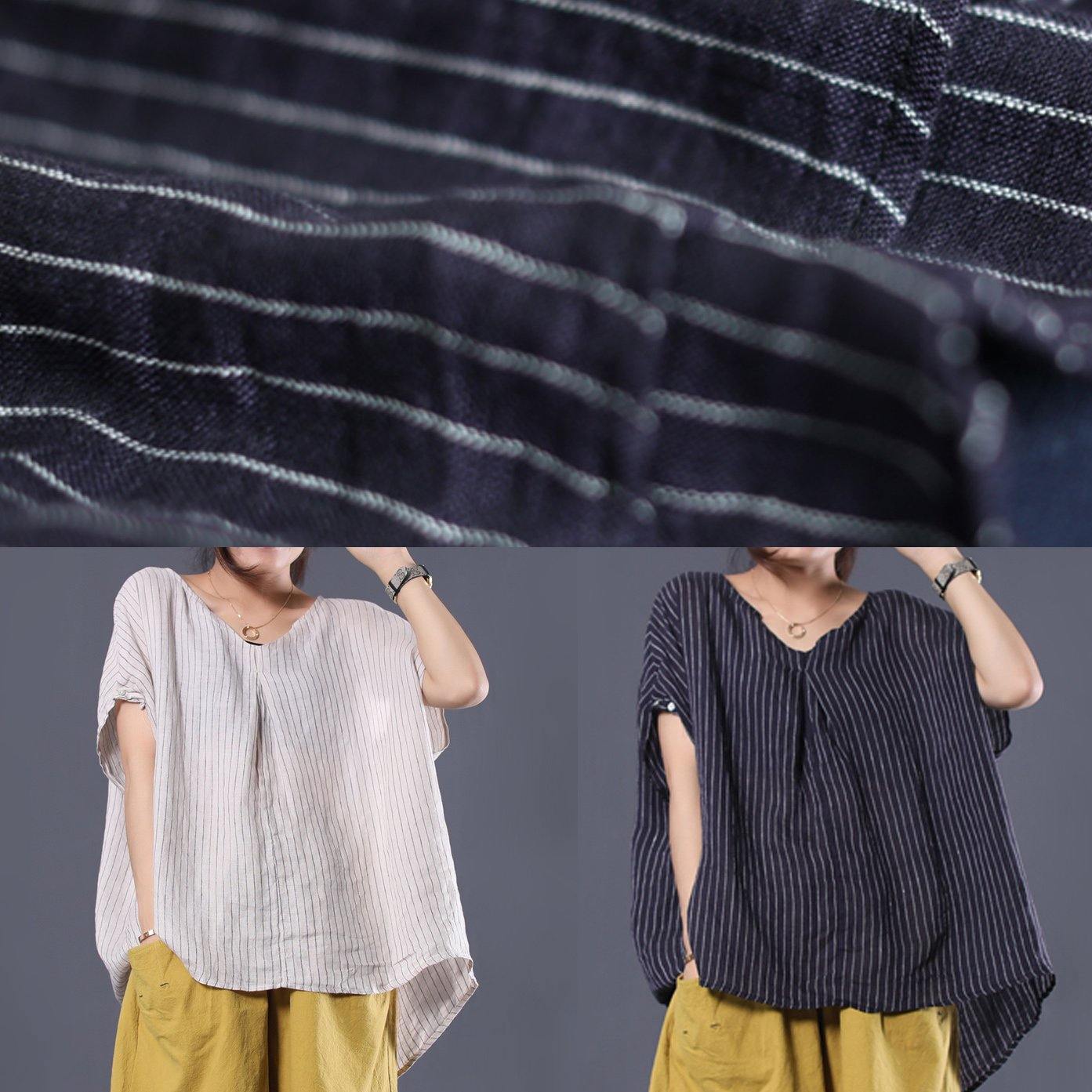 Blue Striped Linen Clothes for V Neck Baggy Summer Top