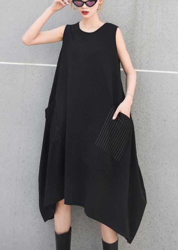 Black Striped Pockets Cotton Clothes Sleeveless Maxi Summer Dresses