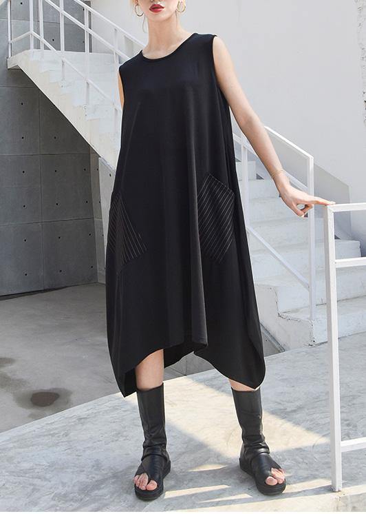 Black Striped Pockets Cotton Clothes Sleeveless Maxi Summer Dresses