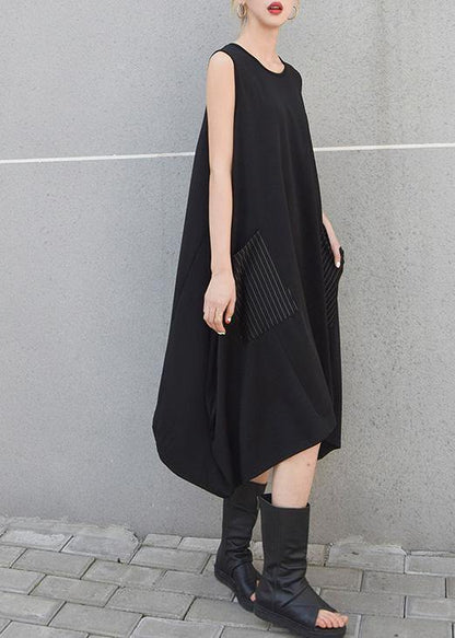 Black Striped Pockets Cotton Clothes Sleeveless Maxi Summer Dresses