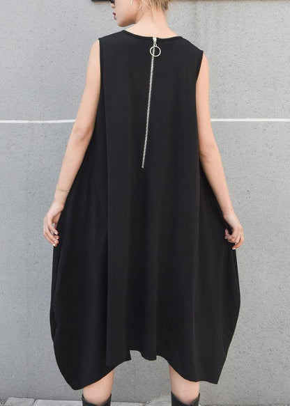 Black Striped Pockets Cotton Clothes Sleeveless Maxi Summer Dresses