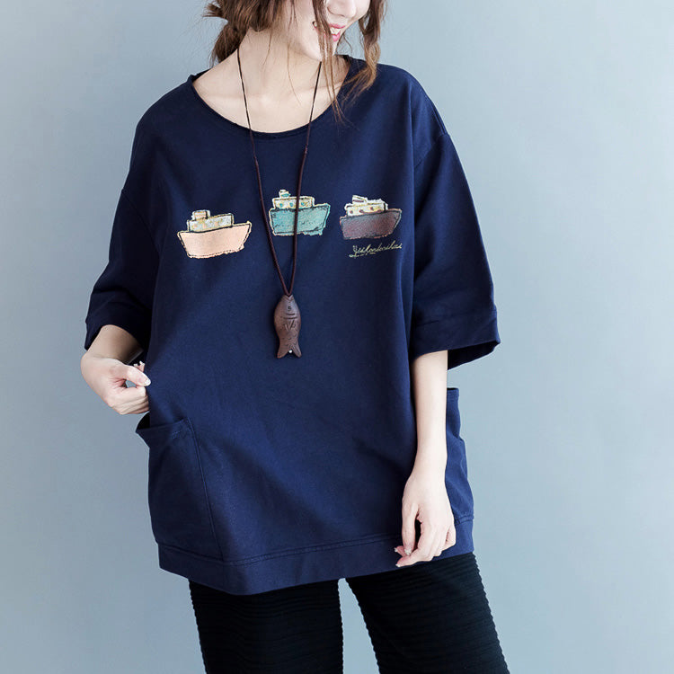 Blue Cotton Blouses for Fine Fabrics Half Sleeve Pockets Art Shirts
