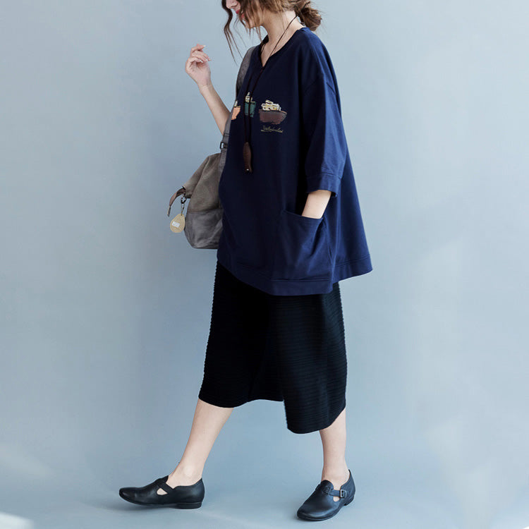 Blue Cotton Blouses for Fine Fabrics Half Sleeve Pockets Art Shirts