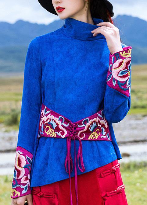 Blue Cotton Crane Tops Embroidery Box High Neck Blouse