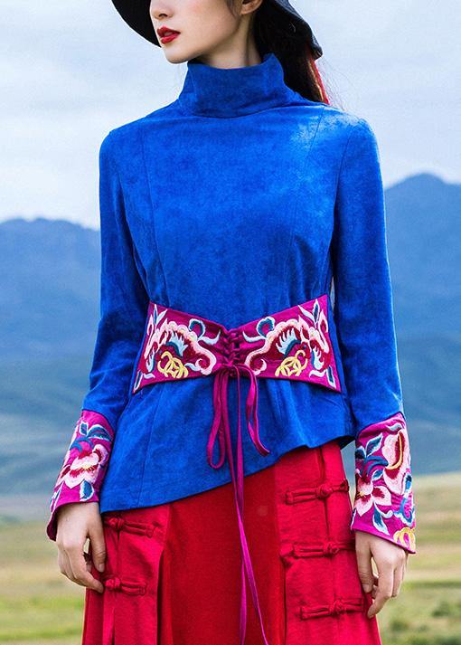Beautiful blue cotton crane tops embroidery box high neck blouse