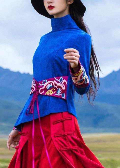 Beautiful blue cotton crane tops embroidery box high neck blouse