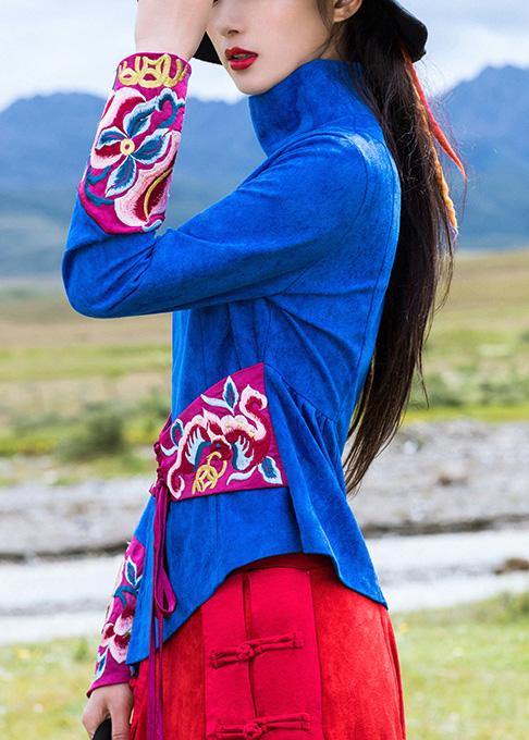 Blue Cotton Crane Tops Embroidery Box High Neck Blouse