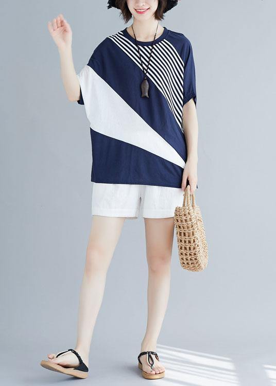 Blue O Neck Cotton Crane Tops Batwing Sleeve Short Summer Blouse